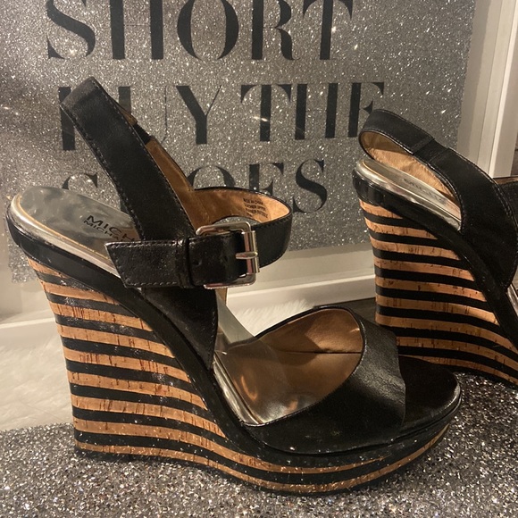 MICHAEL Michael Kors Shoes - Michael Kors Wedges Size 10m Black Stripe cork Heel. Open toe sling back sandal